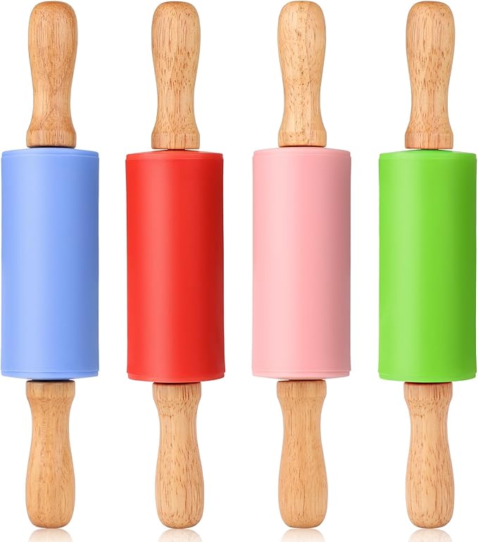 Mini Silicone Rolling Pin for Kids, Non-stick Surface Wood Handle, 9 Inch 4 Pack