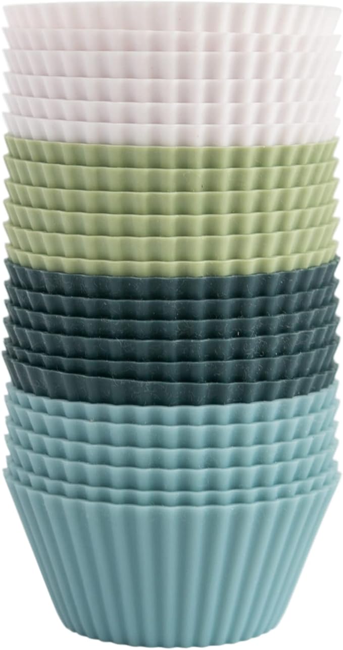 The Silicone Kitchen Reusable Silicone Baking Cup Silicone Muffin Liners for Cupcakes, BPA Free, Regular, 24 Pack, White Blue Green