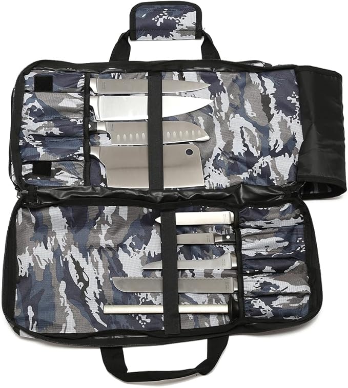 EVERPRIDE - 3 Slots - CAMO - Professional Chef Knife Bag, 20 Knife Slots, 3 Storage Compartments, Camo Design, – Durable, Large Knife Bag for Chefs – Knives Not Included
