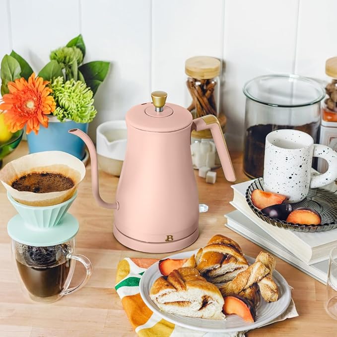 Beautiful 1L Electric Gooseneck Kettle, Precision Pour Spout, 1200W Fast Boil, Auto Shut-Off, Cordless, Stainless Steel, Tea & Coffee Maker with Ergonomic Handle, Matte Finish (Rose)