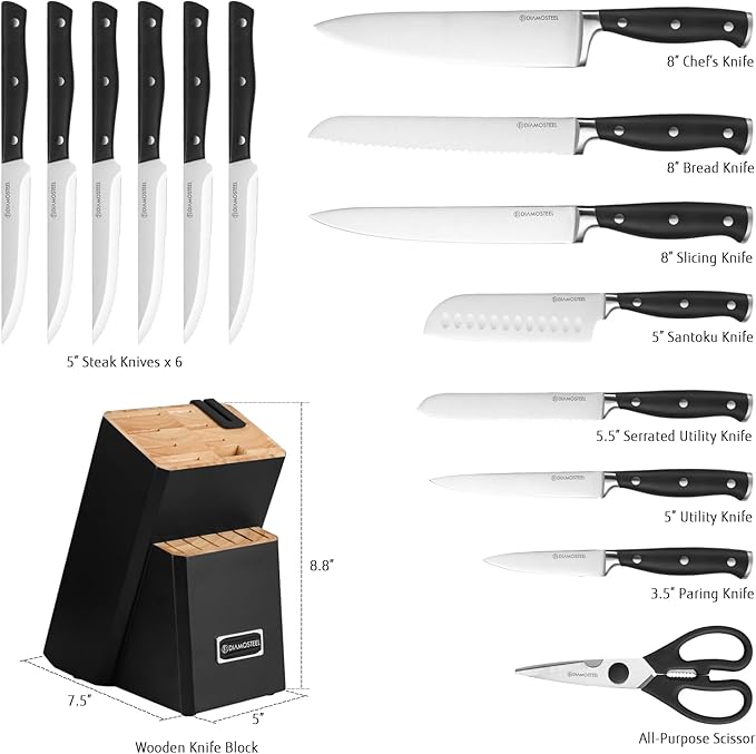 Black Knife Set, 15-Piece Knife Block Set with Built-in Sharpener Scissors for Kitchen, Dishwasher Safe Knives set Ideal Present for Family & Restaurant