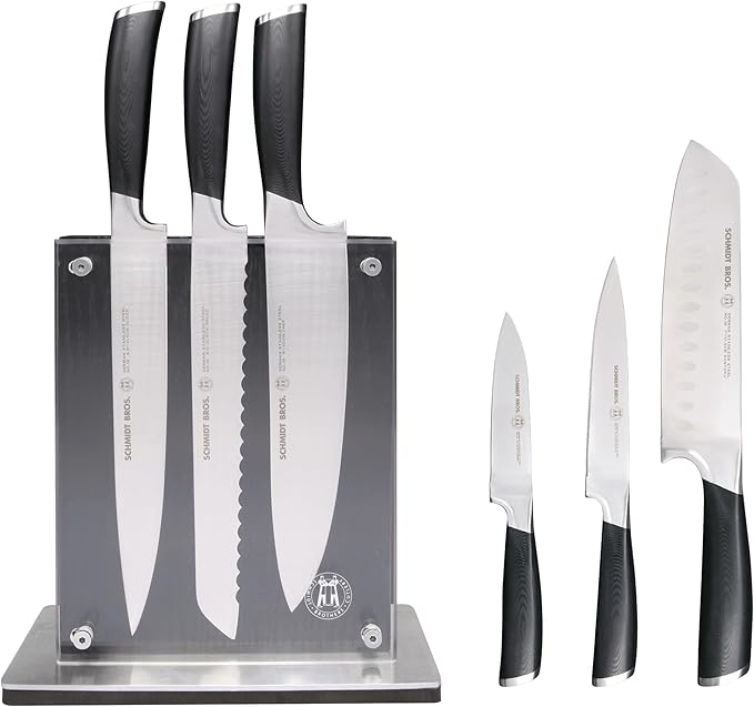 Schmidt Brothers - Heritage 7-Piece Kitcken Knife Set, High-Carbon German Stainless Steel Cutlery, and Clear Acrylic Magnetic Block Set