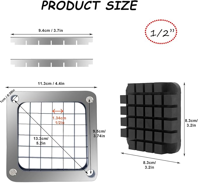 Replacement Chopper1/2‘’ Blade,Commercial Vegetable Chopper Dicer Stainless Steel Blade and Pusher Block for Fruit Cutting Machine Tomato onion French Fries Cutter