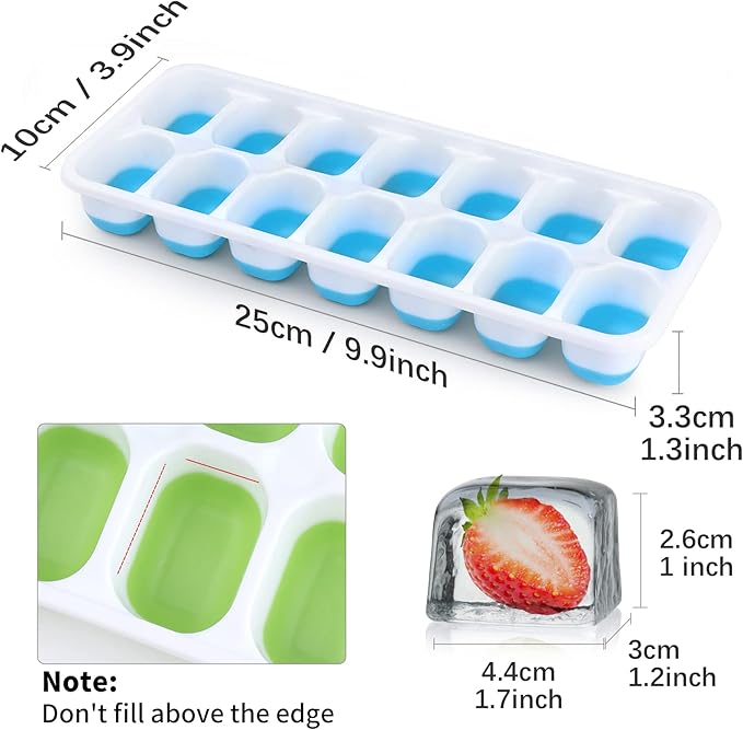 Silicone Ice Cube Tray, Jrisbo 4 Pack Easy-Release & Flexible 14-Ice Cube Trays with Spill-Resistant Removable Lid, Stackable Ice Trays with Covers for Freezer, Cocktail (Green)