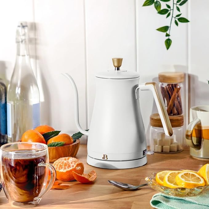 Beautiful 1L Electric Gooseneck Kettle, Precision Pour Spout, 1200W Fast Boil, Auto Shut-Off, Cordless, Stainless Steel, Tea & Coffee Maker with Ergonomic Handle, Matte Finish, White Icing