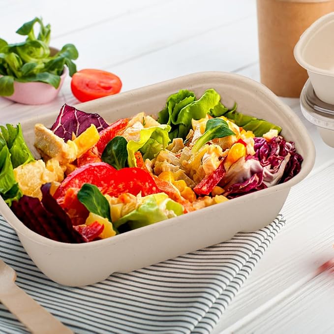 Aksipo 50 Pack 23 Oz Disposable Meal Prep Containers with Lids, Rectangle Paper Bowls with Lids for Salad,Leftovers, Leak-proof To Go Food Box Cardboard Lunch Box Compostable Take Out Food Containers