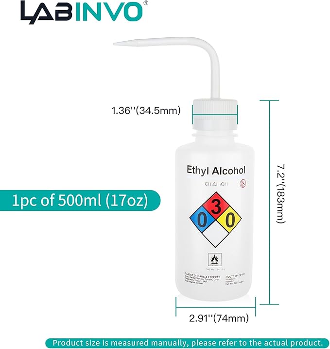 Ethyl Alcohol Wash Bottles, 1PC of Vol.500ml (17oz), Narrow Mouth, Self-Venting Safety Wash Bottles, LDPE Material,IN-WBE501