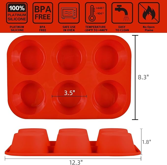 Silicone Jumbo Muffin Pan, 3.5 Inch Silicone Texas Muffin Pan 6 Cup Large Cupcake Pan Nonstick BPA Free 2 Pack Red