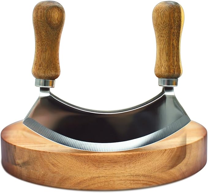 MEZZALUNA KNIFE AND CUTTING BOARD – Double Blade herb chopper ULU Knife with 8 inch Recessed Board Set– For Efficient Mincing Nuts n Veggies
