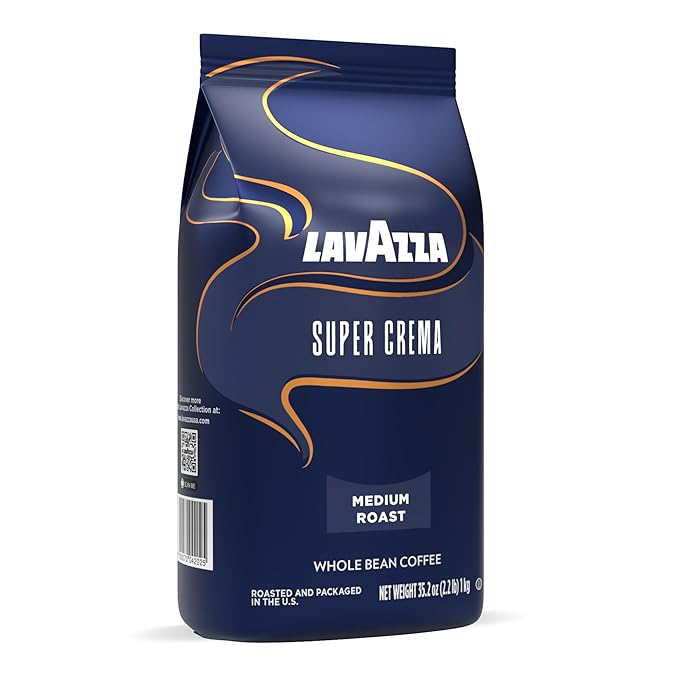 Lavazza Super Crema Whole Bean Coffee, Medium Espresso Roast, Arabica and Robusta Blend, 2.2 lb Bag, Package May Vary (Pack of 6)