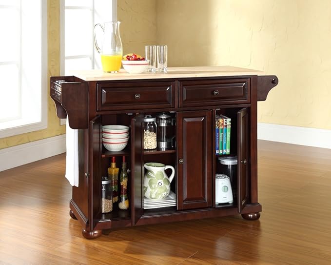 Crosley Furniture Alexandria Wood Top Rolling Kitchen Island Storage Cart, Microwave Stand, Spice Rack, Mahogany