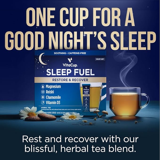 VitaCup Sleep Fuel Instant Tea Packets for Deep REM Sleep, Relax & De-Stress w/Chamomile, Magnesium, Vitamin D3, Coconut Water, Coconut Milk, Potassium, Calming for Full Body Relaxation, 48Ct
