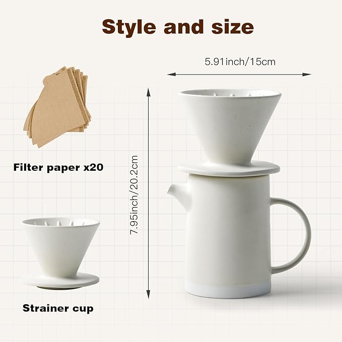 Pour Over Coffee Maker Set Vintage Ceramic Pour Over Coffee Dripper Set with 20 Count Paper Coffee Filters,for Home Café Restaurant Camping,15.8 Ounces(White)