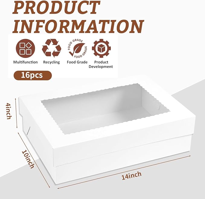 16pcs 14x10x4 inch Cake Boxes with Window，White Rectangle Sheet Large Bakery Boxes for Pastry Dessert Cake, Cupcakes Donuts Cookies Pie Treat Packaging