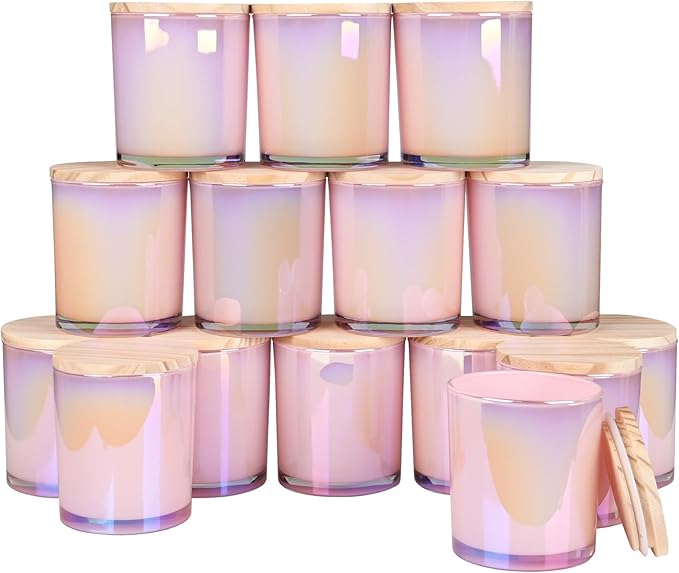 10 OZ Thick Candle Jars for Making Candles 15 Pcs, Empty Jars with Wood Lids for Candle Making, Sample Container, Glitter Pink