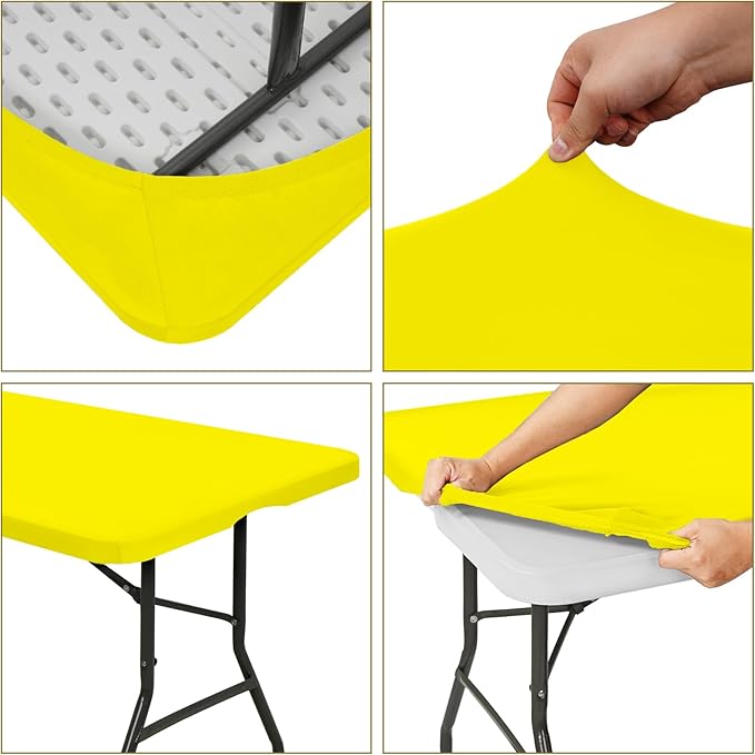 6 Pack Fitted Tablecloth for 8 Foot Rectangle Tables, Yellow Elastic Outdoor Picnic Table Cover, Washable Stretch Folding Table Cloths 8 ft for Camping Party Patio Kitchen Banquet, 30" W x 96" L