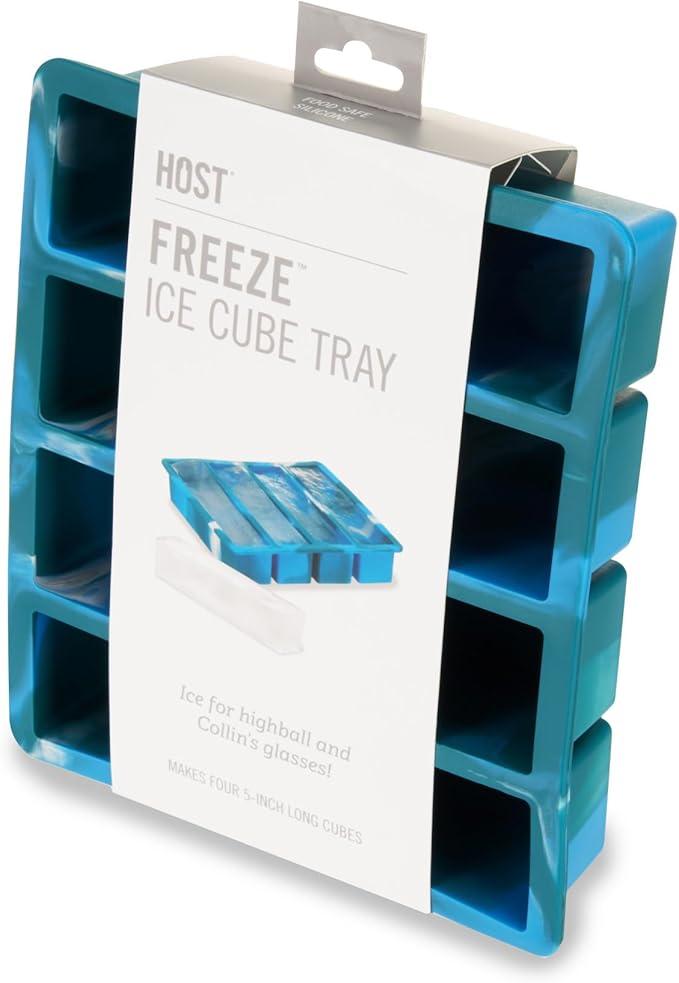 Host Ice Cube Tray, Makes Four 5-Inch Long Cubes, Durable Silicone Trays with Easy Release Design, Perfect for Water Bottles and Highball Glasses, Home Bar Accessories, Set of 1, Blue Marble