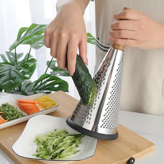 Ciieeo Stainless Steel Vegetable Grater with Wooden Handle - 3-Sided Cone Cheese and Fruit Shredder for Kitchen Use