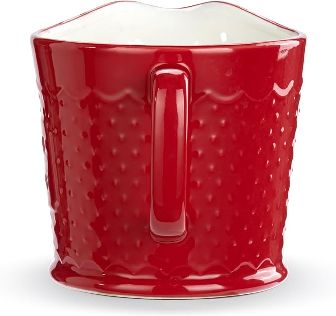 DEMDACO Baking Holiday Memories Rosy Red, White 32 Ounce, 6 x 5 Inch Ceramic Stoneware Festive Christmas Kitchen Countertop Accessory Décor, Polka Dots, Pouring Measuring Cup, Cupful of Merry