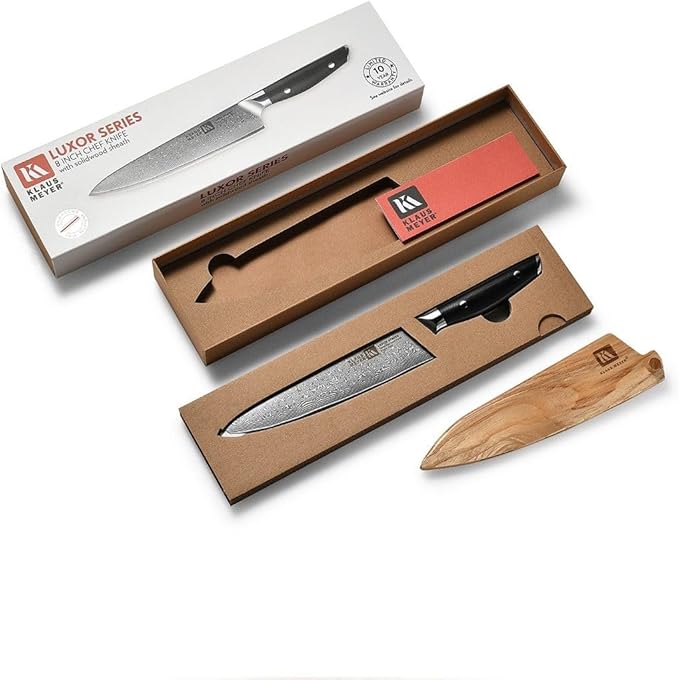 Klaus Meyer Luxor 8 Inch Chef Knife, Damascus Kitchen Knife, VG10 High Carbon Stainless Steel Japanese Chefs Knife with Wood Sheath