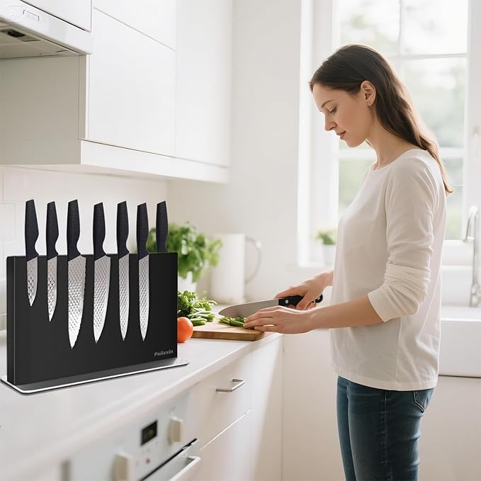 Magnetic Knife Block Without Knives—Black Stainless Steel Double-Sided Magnetic Knife Holder Stand with Strong Magnets, Knife Storage Organizer for Kitchen Counter top, 16 inch