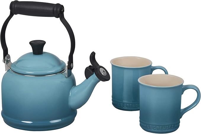 Le Creuset Enamel On Steel Demi Kettle & Stoneware Set of 2 Mugs, 1.25 qt. Kettle & (2) 14 oz. Mugs, Caribbean