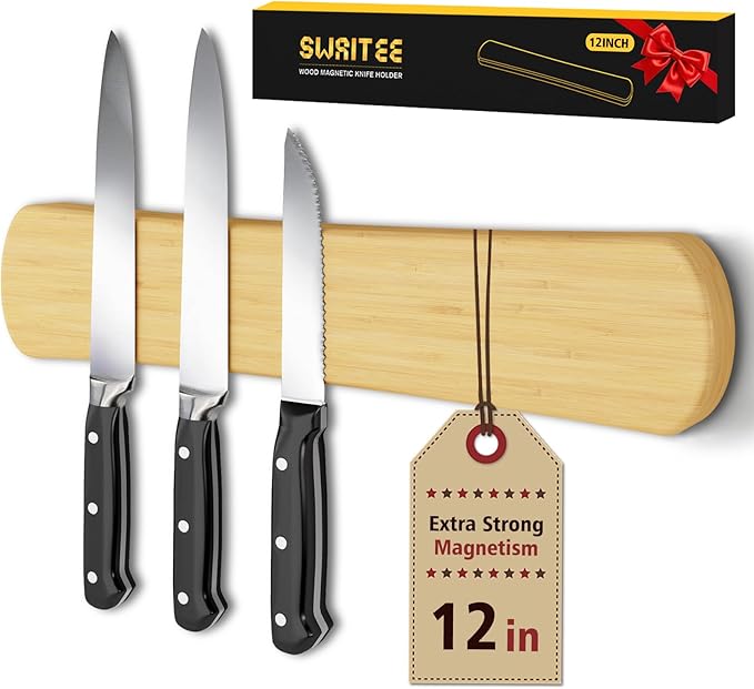Magnetic Knife Holder for Wall, 12 Inch Bamboo Strong Magnetic Knife Strip, Small Kitchen Storage Space Savers, Rv Apartment Farmhouse Accessories Organizer, Housewarming Gifts for New Home