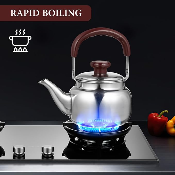 LIFKOME Traditional Stainless Steel Heavy Duty Tea Kettle With Sandwich Bottom and Specialty Cool Touch Handling Mirror Finish Stainless Steel Whistling Tea Kettle Stove Top