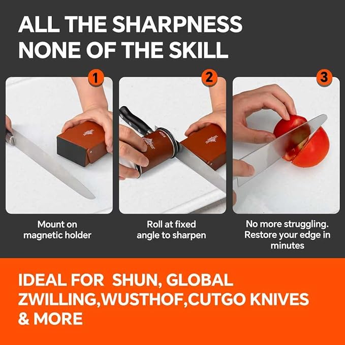 Rolling Knife Sharpener - Multi-Angle Luxury Sharpening Kit with Extra Replacement Head (Upgraded Model).Gift Ideas for Men at Christmas and Father's Day (Brown)