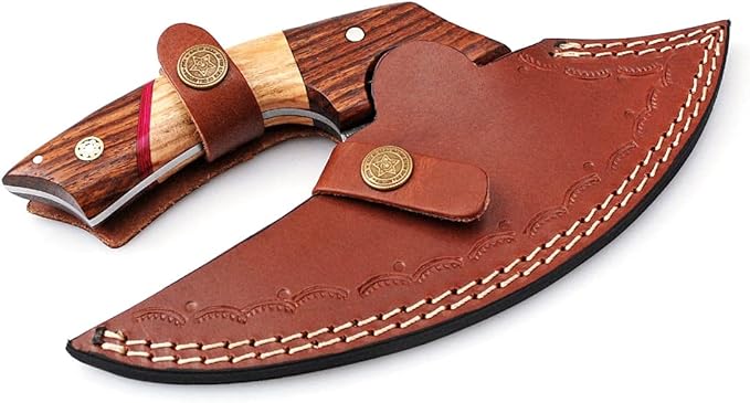 Bushcraft Custom Handmade Damascus Steel Ulu Knife - Alaskan Ulu Knife With Sheath - Multi-Purpose Alloy Steel Knife For Skinning, Hunting, Chopping, (Rose Wood & Olive)