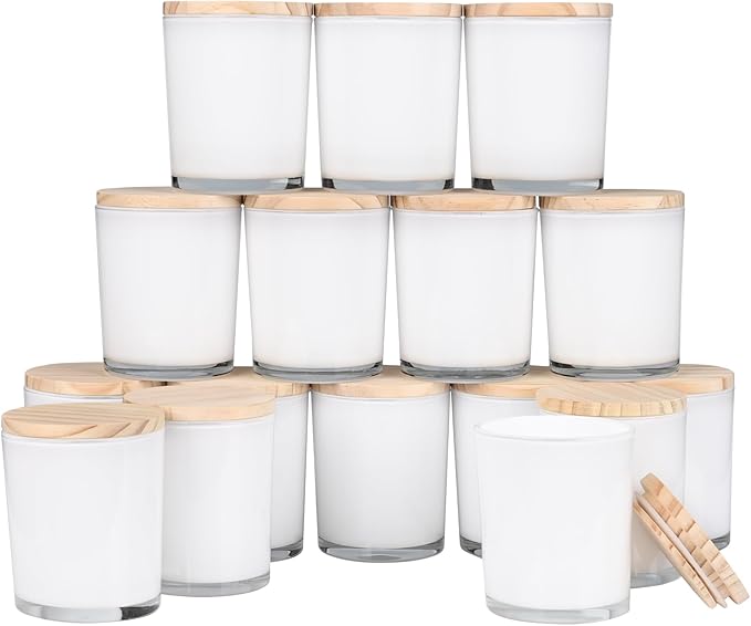 Thick Candle Jars for Making Candles 16 Pcs, 7 OZ Empty Jars with Wood Lids for Candle Making, Sample Container, White