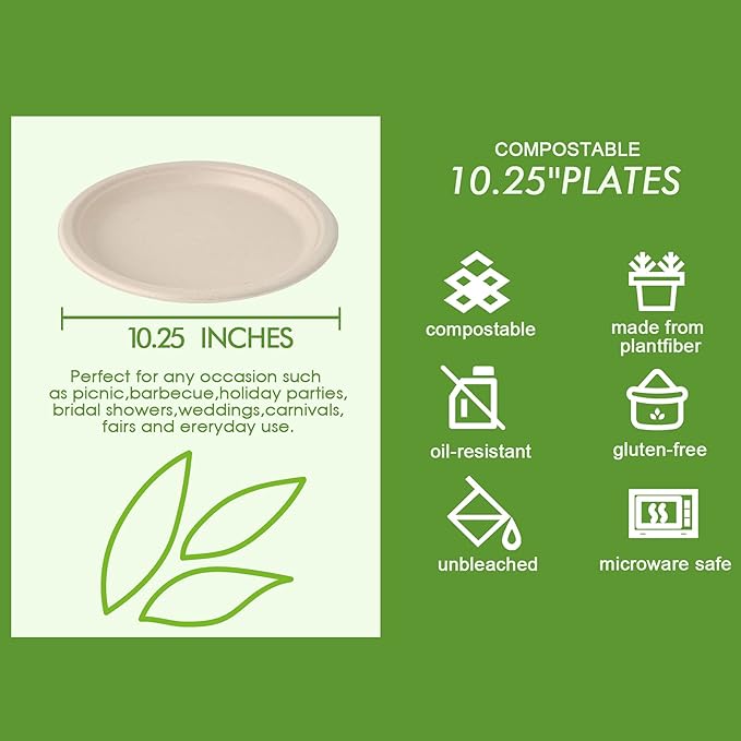 Vplus 500 Pack Compostable Disposable Paper Plates 10.25 inch Super Strong Paper Plates 100% Bagasse Natural Biodegradable Eco-Friendly Sugarcane (nature)