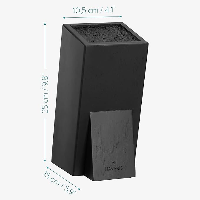 Navaris Universal Knife Block Holder - Rubber Wood Stand with Bristles to Fit Different Sizes of Knives - Angled Design, 9.8" x 5.9" x 4.1’" - Black