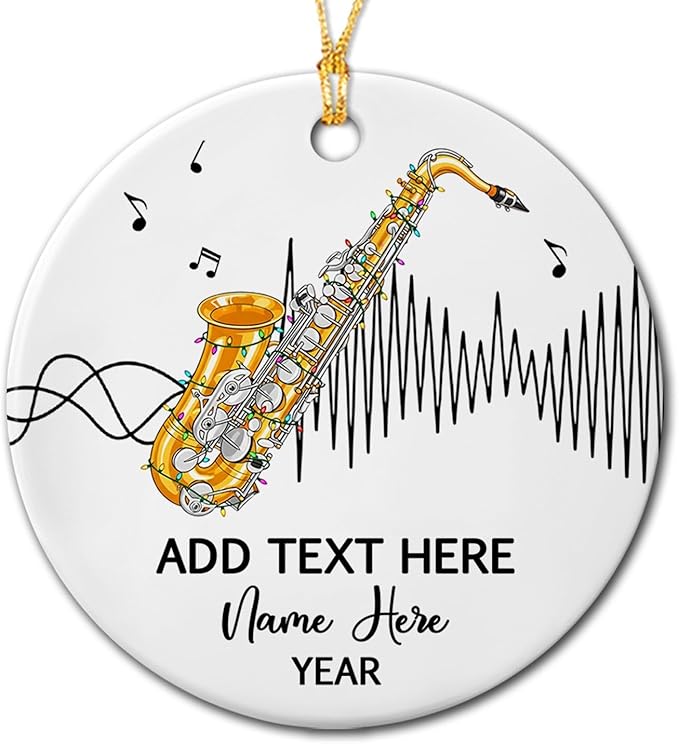 Personalized Saxophone Player Ceramic Christmas Ornament 2025, Customized Text Year Name Saxophonist Hanging Xmas Ornaments Gift, Unique Saxophone Instrument Ceramic Ornament for Women Men DDA Mom