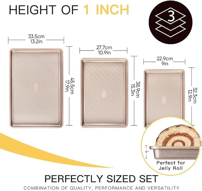 Nonstick Baking Sheet Pan Set of 3, Heavy Duty Cookie Sheets for Oven, 0.6mm Thick Quarter Size & Half Size & Jelly Roll Pan, Rustproof & Easy Clean with Textured Surface(Pink)
