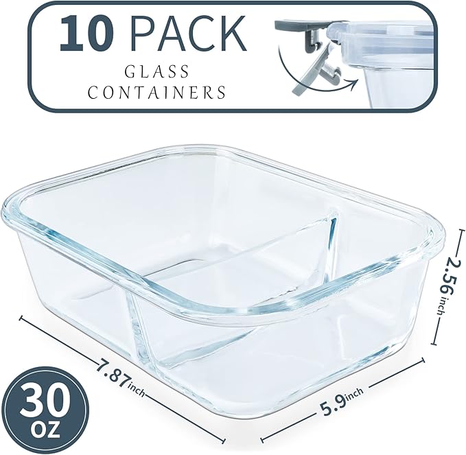 KOMUEE 10 Packs 30oz Glass Meal Prep Containers 2 Compartments,Glass Food Storage Containers with Lids,Airtight Lunch Bento Boxes,Microwave,Oven,Freezer and Dishwasher Safe