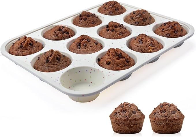 Silicone Muffin Pan, Metal Reinforced Frame Cupcake Pan 12 Cups Regular Size Easy to Move in or Out of Oven Non-Stick (1)