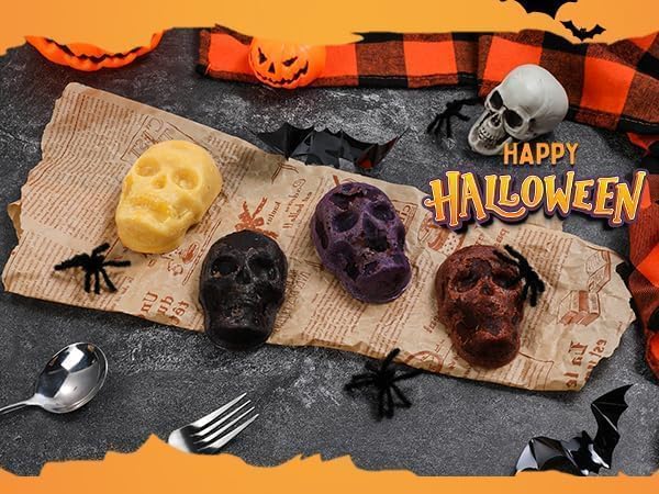 Skull Cake Pan with Metal Reinforced Frame - Spill-Proof & Sturdy 6-Cavity 3D Halloween Silicone Mold, Easy to Handle & Release for Cake, Chocolate, Jello