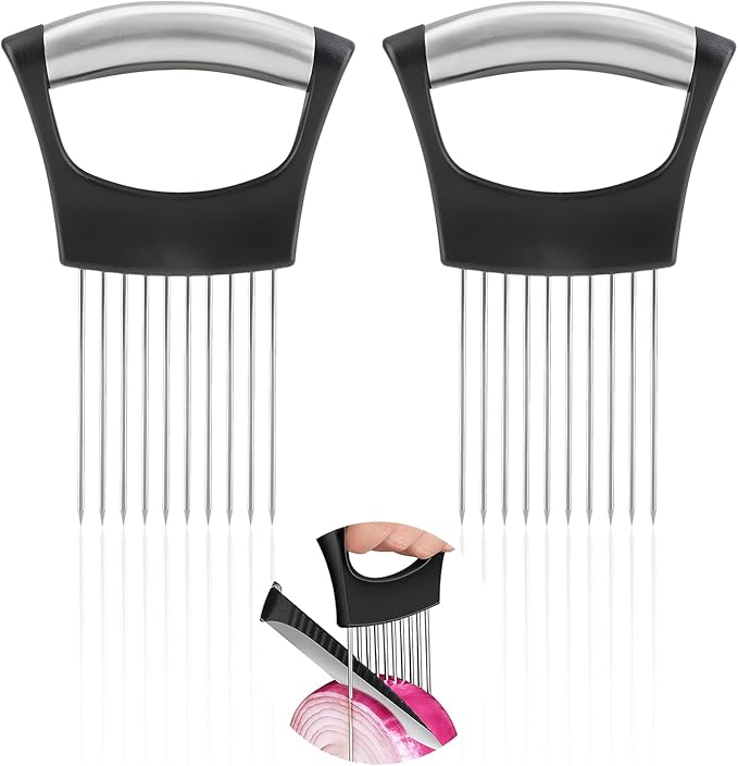 2PCS Onion Holder for Slicing, Upgraded Stainless Steel Onion Slicer Holder with Ergonomic Handle, Tomato Cutter, Vegetable Slicing Tool, Meat Tenderizer, Kitchen Food Cutting Gadget