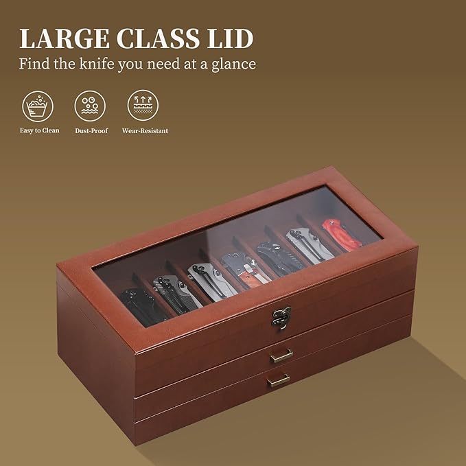 AUTOARK 3-Tier PU Leather & Velvet Knife Organizer with 26 Slots,Transparent Glass Top & Drawer,Compact Storage for Pocket Knives,Ideal for Men's Collections & Gifts,Coffee,MKAW013