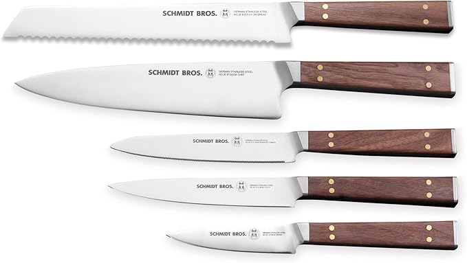 Brass and Walnut 6-piece Knife Block Set, High-Carbon German Stainless Steel Multipurpose Kitchen Cutlery with Midtown Storage Block