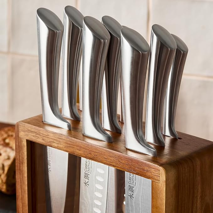 Cuisine::pro Damashiro Knife Block (Hiryu, 10-Piece Set) - Premium Japanese Steel Knife Set with Acacia Wood Block & Tempered Glass Window - Damascus-Inspired Blade