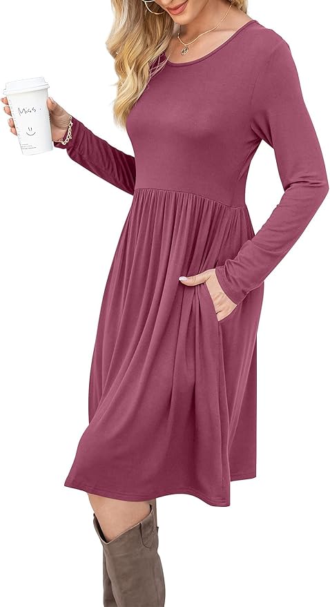DB MOON Women Casual Long Sleeve Dresses Empire Waist Knee Length Loose Dress with Pockets