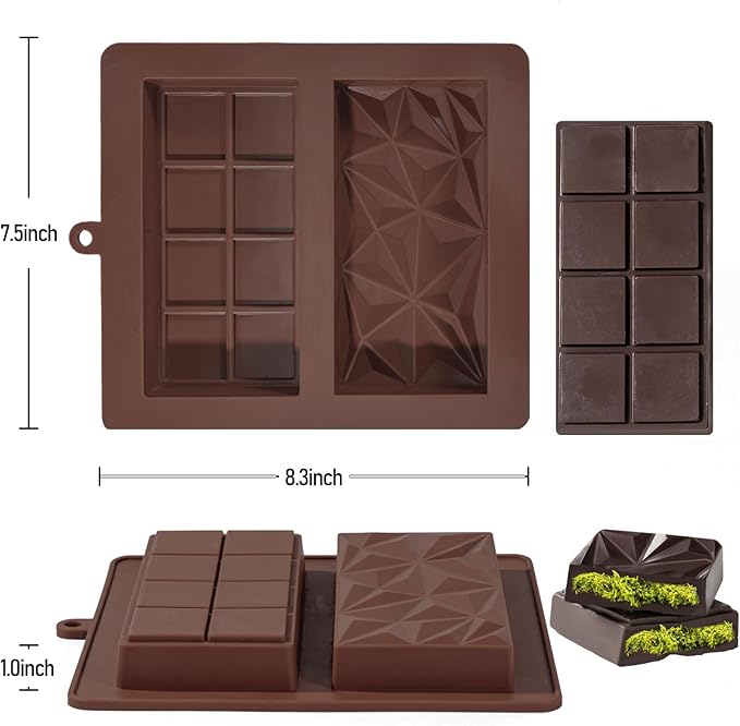 Deep Chocolate Bar Mold Silicone 1 Inch Dubai Pistachio Chocolate Bar Thick Mold for Stuffed Bar, Large Candy Mould for Filling, Brown