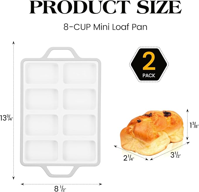 Vinino Silicone Mini Loaf Pans with Metal Reinforced Frame-2 Pack, Non-stick Silicone Bread Pan for Baking 8-Cavity, Tiny Banana Bread Set, Dishwasher Safe Brownie Pan-Gray