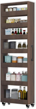 7-Tier Slim Storage Cart, Wooden Rolling Pantry Cabinet with Wheels, Narrow Shelf Organizer for Kitchen, Bakers Rack, Dining Room, Closet, Small Spaces Gray 47.2" H*9.8" W*16.9" D