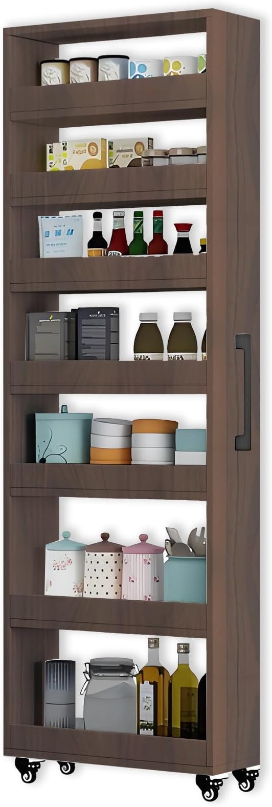 7-Tier Slim Storage Cart, Wooden Rolling Pantry Cabinet with Wheels, Narrow Shelf Organizer for Kitchen, Bakers Rack, Dining Room, Closet, Small Spaces Gray 73.2''H*7.8''W*19.6''D