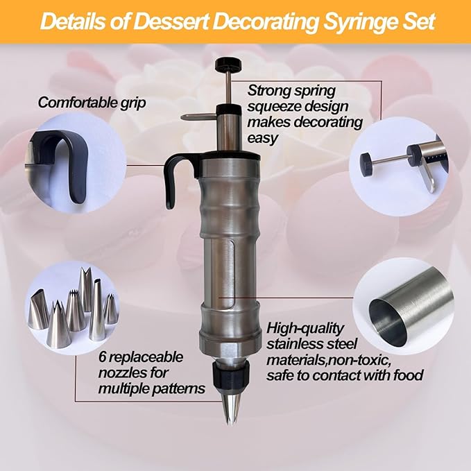 Dessert Decorating Piping Syringe Set Cake Decorating Tool Cookie Gun Press,Icing Decoration Gun,Frosting Piping Kit 6 Piping Icing Nozzles for Baking,Decorating Cupcake,Deviled Eggs (Silver & Black)