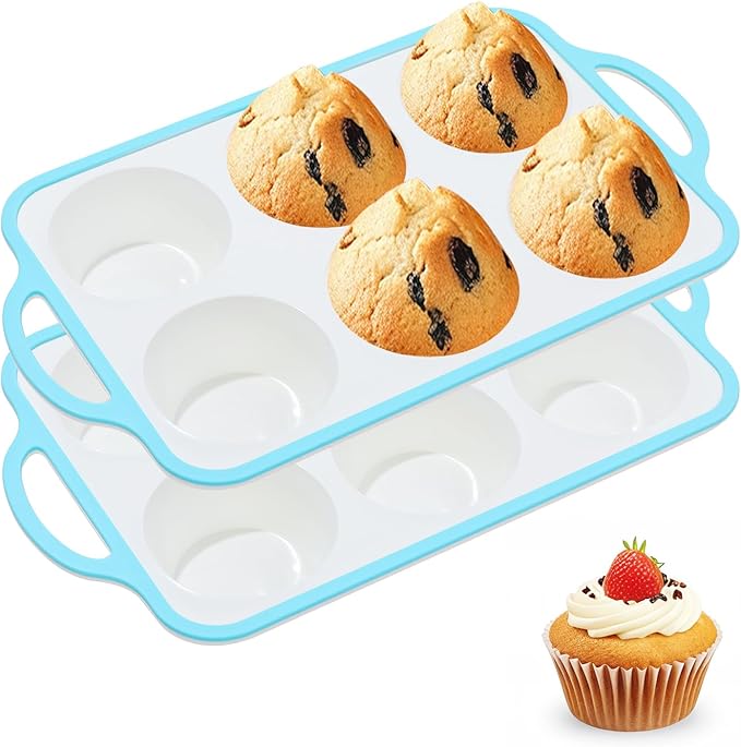 Silicone Jumbo Muffin Pan with Metal Frame, Non Stick Food Grade Silicone Large Muffin Pan, with Handles 6 Cup,BPA-Free and Dishwasher Safe, Jumbo Cupcake Pans - 2 Piece Blue
