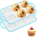 Silicone Jumbo Muffin Pan with Metal Frame, Non Stick Food Grade Silicone Large Muffin Pan, with Handles 6 Cup,BPA-Free and Dishwasher Safe, Jumbo Cupcake Pans - 2 Piece Blue